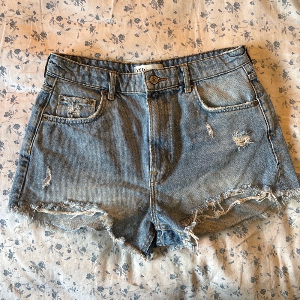 Zara Light Blue Ripped Jean Shorts